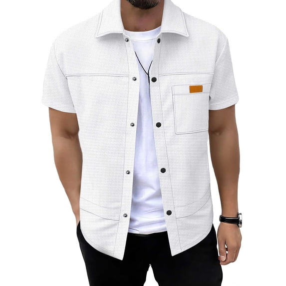 DPTALR Men's Textured Waffle Short Sleeve Button Down Shirt,Casual Pocket Utility Shirt,White,Big Men's,Tall Men's S,Young Men's Shirts