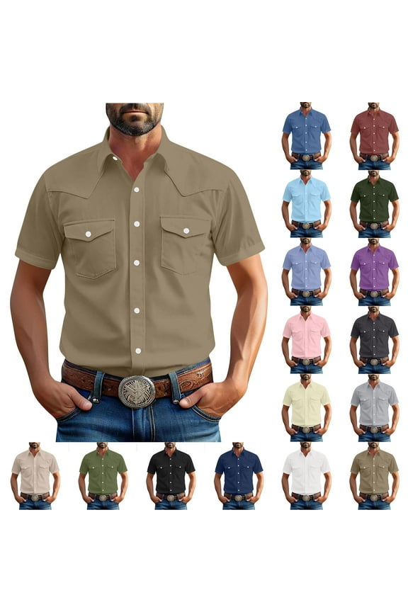 Men's Vintage Solid Color Button Shirt Turndown Collar Short Sleeve with Pocket Casual Style,Khaki, Big Men's,Tall Men's ，Young Men's XXL