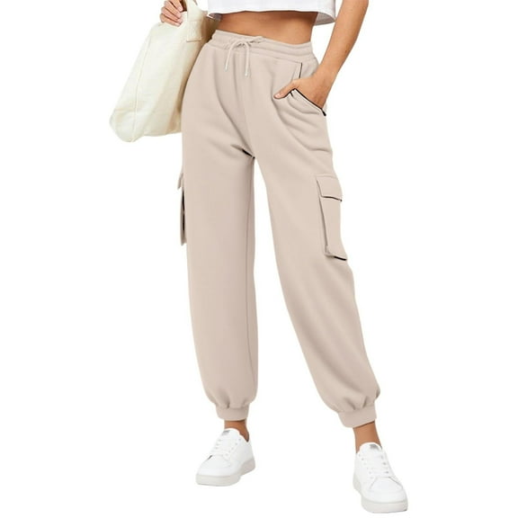 DPTALR Women's Baggy Cargo Jogger Pants with Drawstring and Pockets,Beige,Size M