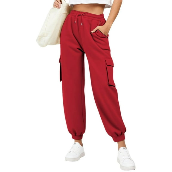 DPTALR Women's Baggy Cargo Jogger Pants with Drawstring and Pockets,Red,Size XXL