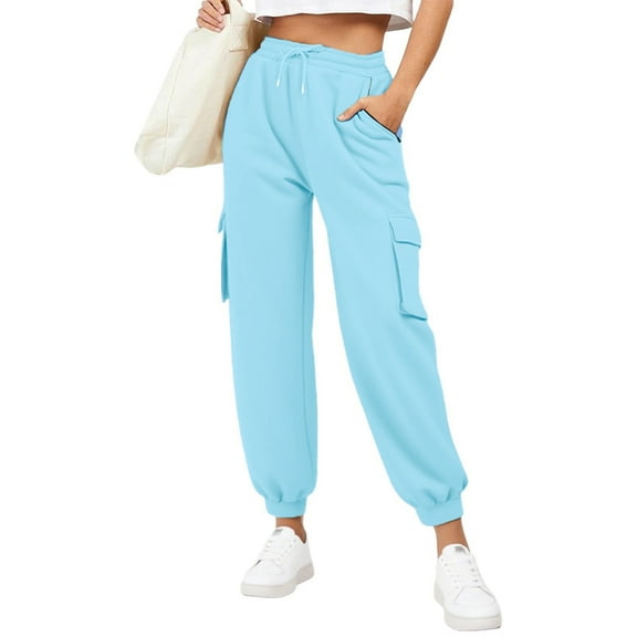 DPTALR Women's Baggy Cargo Jogger Pants with Drawstring and Pockets,Sky Blue,Size XL