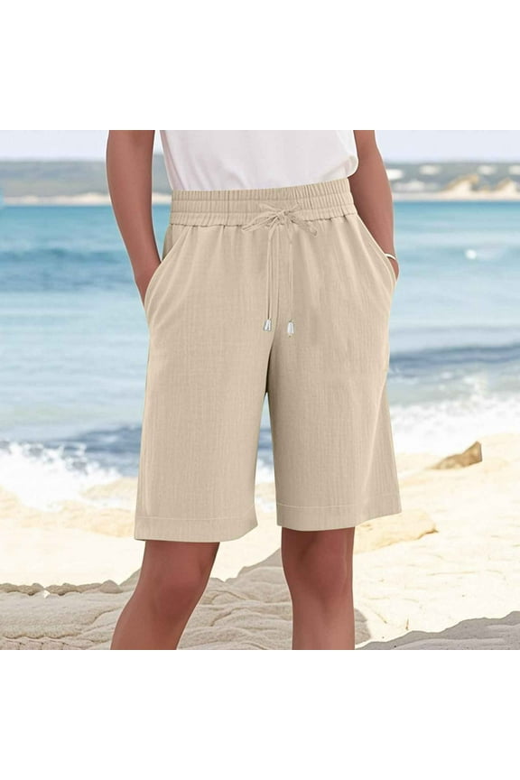 Women's Bermuda Cotton Casual Cargo Shorts for Athletic,Walking,Workout,Beige,Size M