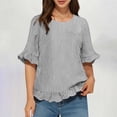 thumbnail image 1 of DPTALR Women's Casual Fashion Striped Round Neck Ruffled Short Sleeve Shirt with Back Button-Down Detail,Black,Size L, 1 of 7