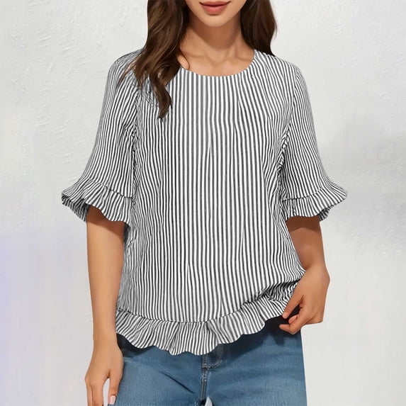 DPTALR Women's Casual Fashion Striped Round Neck Ruffled Short Sleeve Shirt with Back Button-Down Detail,Black,Size L
