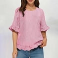 thumbnail image 1 of DPTALR Women's Casual Fashion Striped Round Neck Ruffled Short Sleeve Shirt with Back Button-Down Detail,Red,Size L, 1 of 7