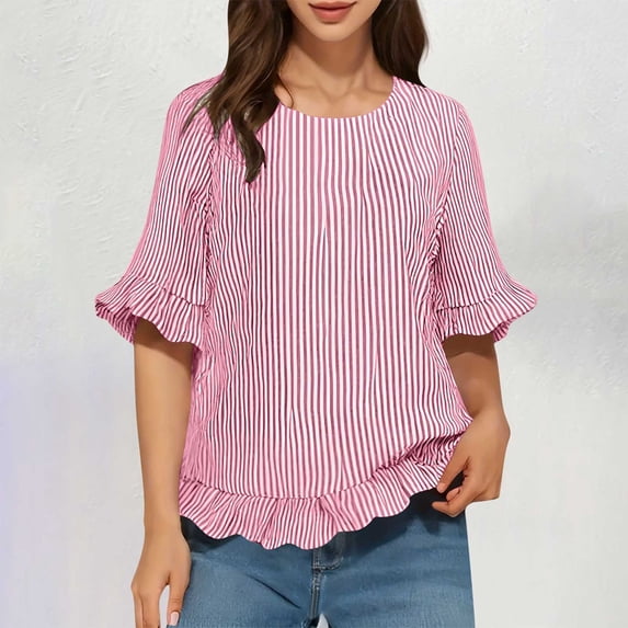 DPTALR Women's Casual Fashion Striped Round Neck Ruffled Short Sleeve Shirt with Back Button-Down Detail,Red,Size L