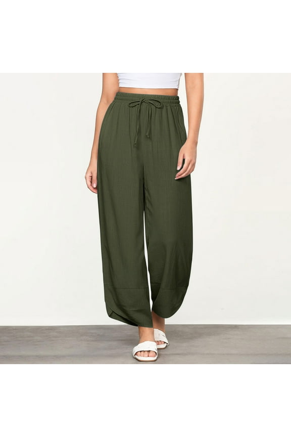 Women's Casual Linen Solid Color High-Waisted Elastic Waist Drawstring Split-Leg Pocket Pants,Army Green,Size XXL