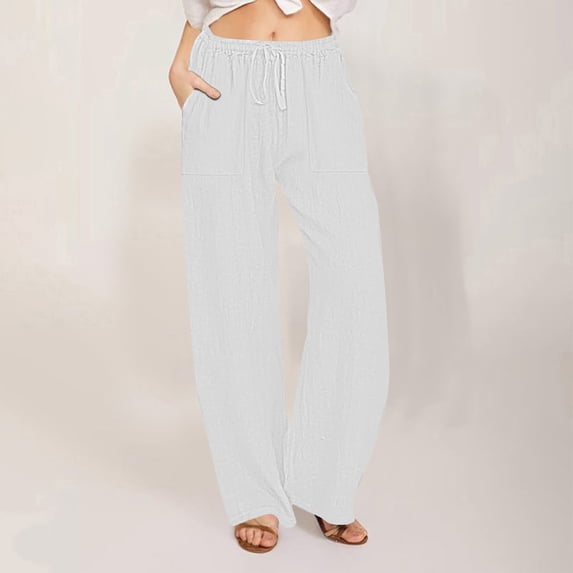 DPTALR Women's Casual Loose Solid Cargo Pants High Waist Wide Leg with Drawstring Elastic Waist,White,Size XXL