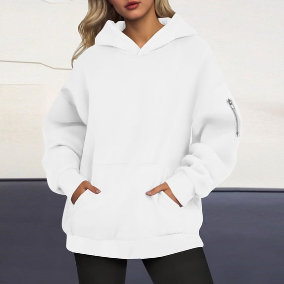 DPTALR Women's Casual Loose,Solid Color,Long Sleeve,Hooded Sweatshirt with Zipper Pocket,White,Size S