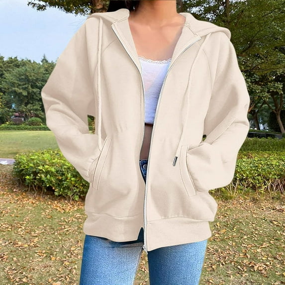 DPTALR Women's Casual Oversized Zip Up Hoodie,Fleece Lined Fall Fashion Jacket,Thick Warm Winter Coat,Beige,Size L