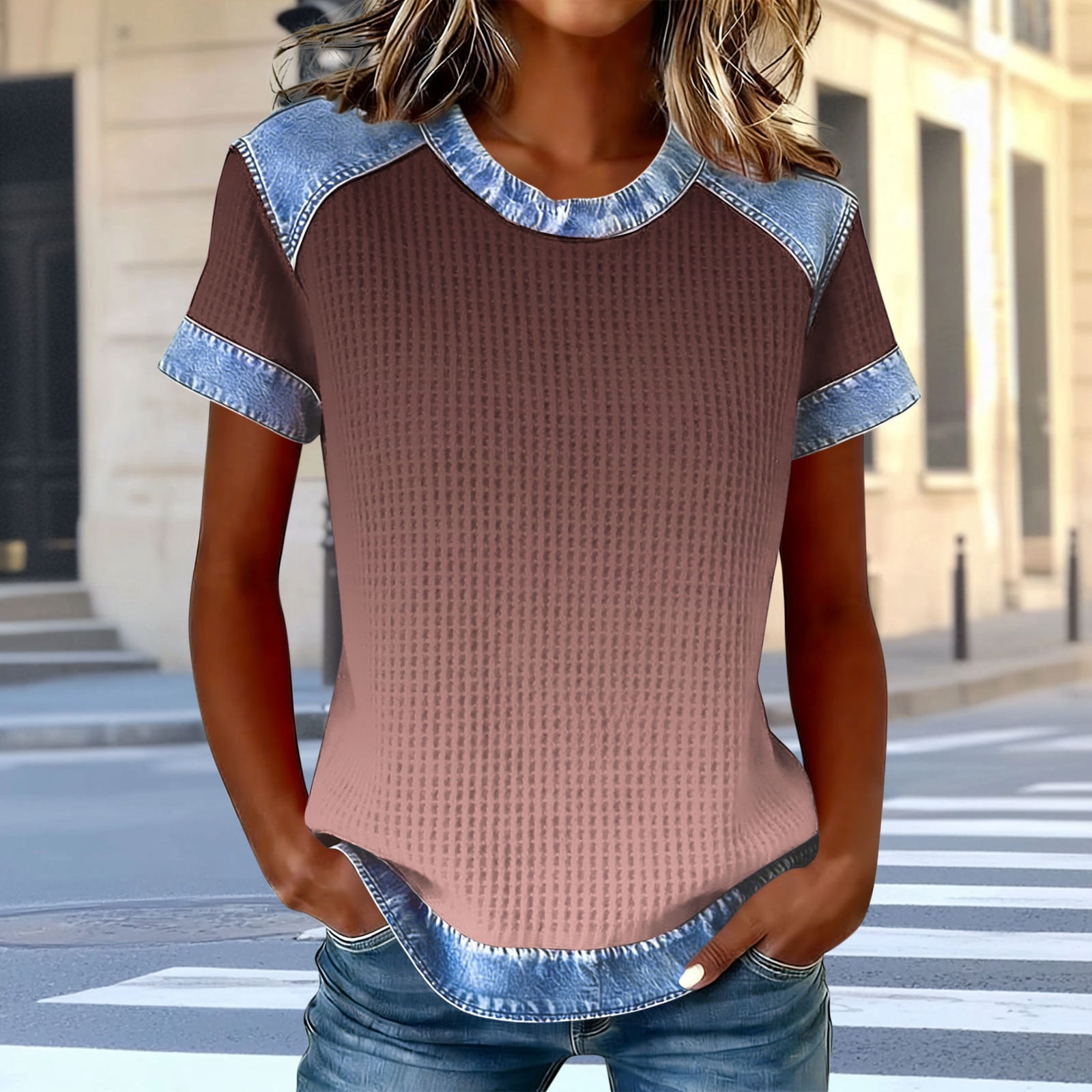 DPTALR Women's Casual Solid Color Round Neck Short Sleeve T-Shirt Loose ...