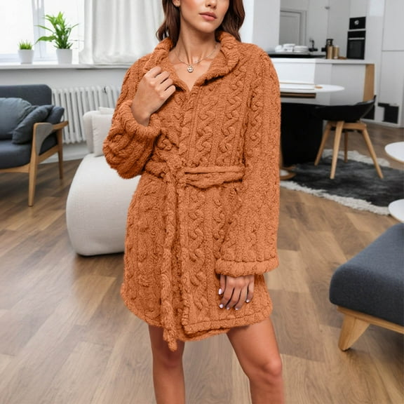 DPTALR Women's Comfortable,Thickened,Turndown Collar,Long Sleeve,Nightgown Home Wear,Orange,Size M