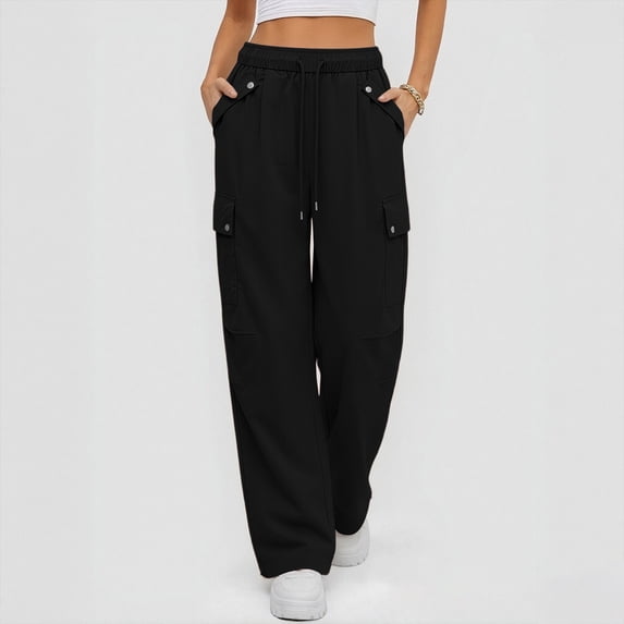 DPTALR Women's Elastic Waist Drawstring Wide Leg Cargo Pants,Multi-Pocket Buttoned Casual Baggy Trousers,Black,Women's Plus Size M