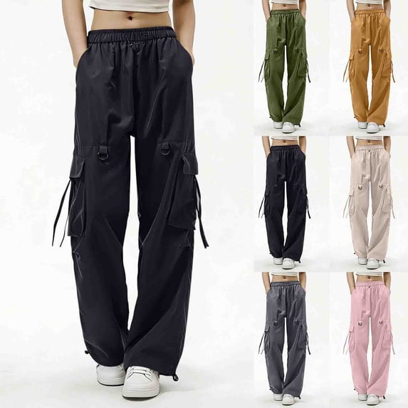 DPTALR Women's Elastic Waist Wide Leg Cargo Pants,Lightweight Multi-Pocket Drawstring Casual Trousers,Khaki,Women's Plus Size XL