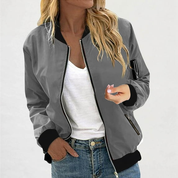 DPTALR Women's Fashion Casual Solid Color Zipper Pocket Jacket Coat Top,Lightweight Short Windbreaker,No-Lining Outwear,Gray,Size S