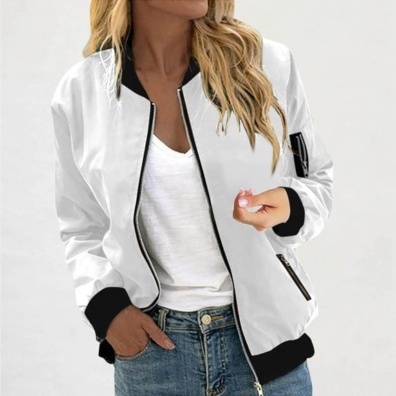 DPTALR Women's Fashion Casual Solid Color Zipper Pocket Jacket Coat Top,Lightweight Short Windbreaker,No-Lining Outwear,White,Size S