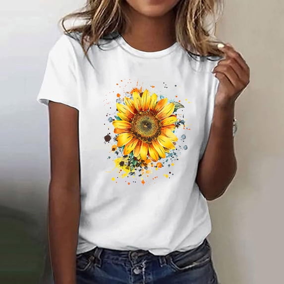 DPTALR Women's Fashion Floral Print Round Neck Short Sleeve T-Shirt,Multicolor,Size S,Women's Plus ,Young Adult Tops