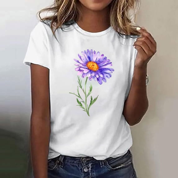 DPTALR Women's Fashion Floral Print Round Neck Short Sleeve T-Shirt,Multicolor,Size XXL,Women's Plus ,Young Adult Tops