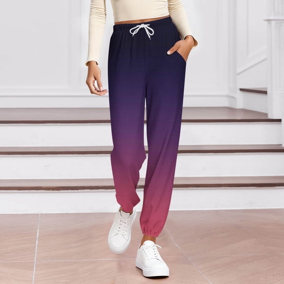 DPTALR Women's Fashion Gradient Printed Stretch Waist Strap Drawstring Pocket Long Home Wear Pants,Purple,Size S