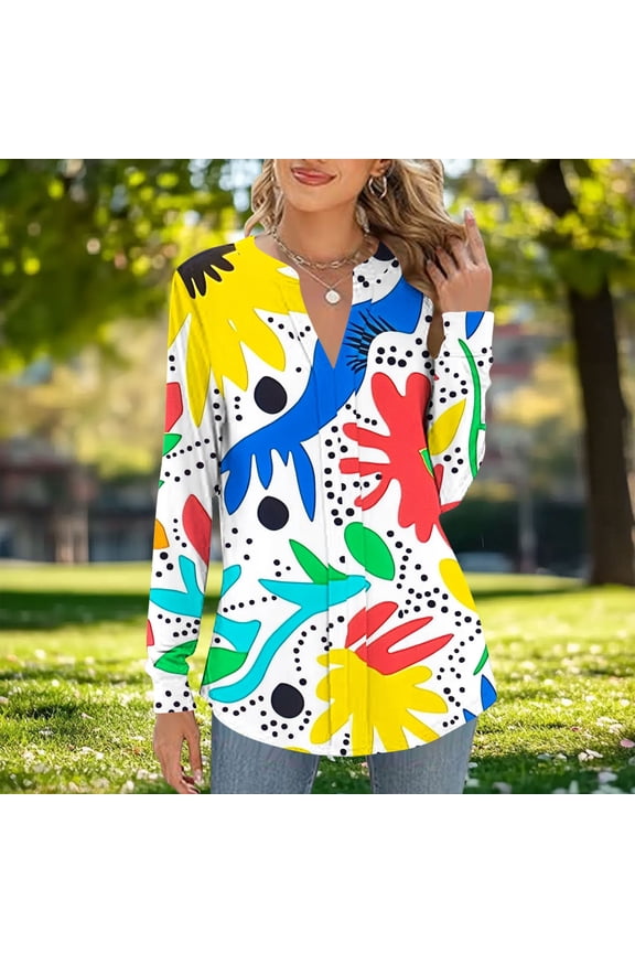 Women's Fashion Gradient Printing T-shirt Long Sleeved Blouse Round Neck Casual Loose Top,Yellow,Size L