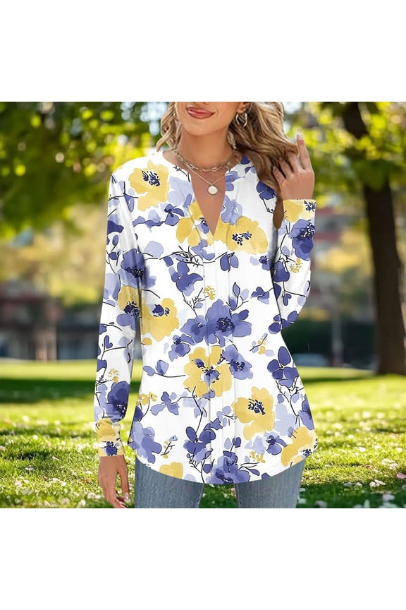 Women's Fashion Gradient Printing T-shirt Long Sleeved Blouse Round Neck Casual Loose Top,Yellow,Size L