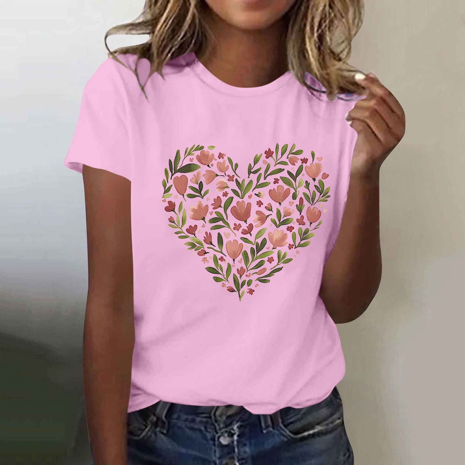 DPTALR Women's Fashion Heart Print Round Neck Short Sleeve T-Shirt Top ...