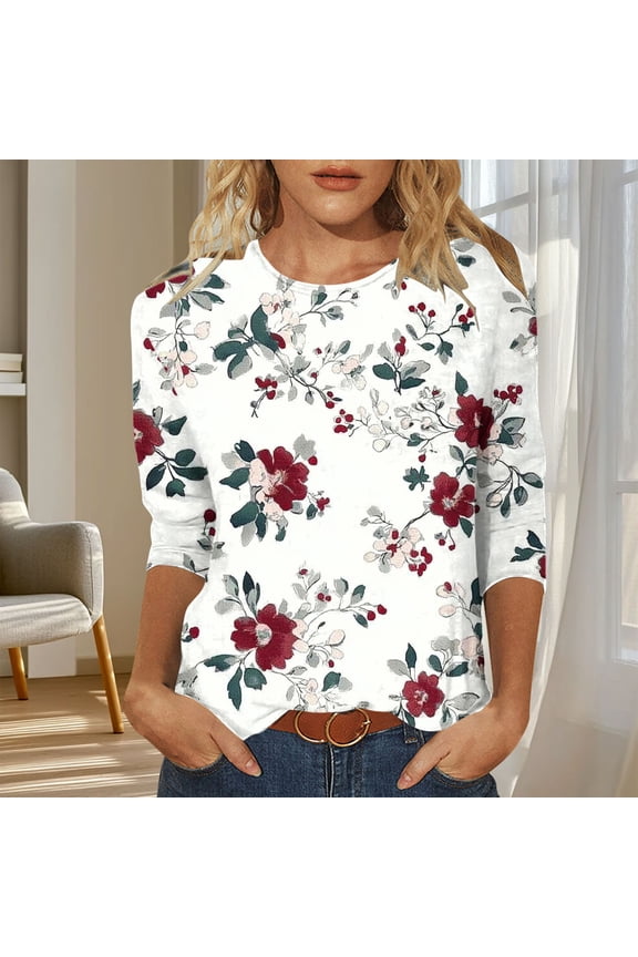 Women's Fashion Printed T-shirt 3/4 Sleeves Blouse Round Neck Casual And Loose Top,Wine,Size XXL