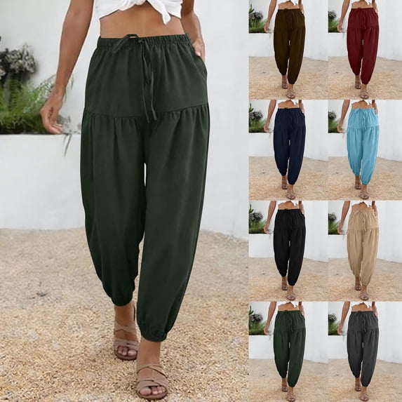 DPTALR Women's Fashion Solid Color Cinched Ankle Drawstring Full Length Pants with Pockets,Army Green,Size M