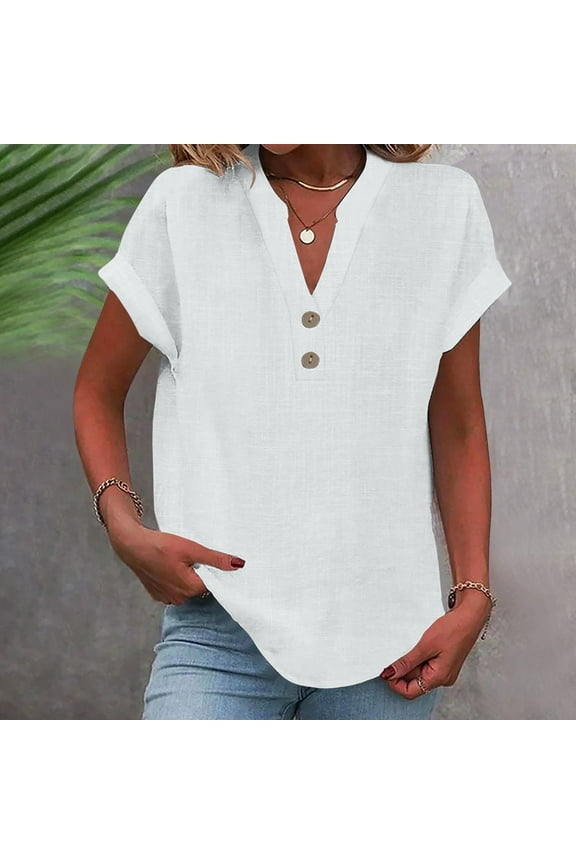 Women's Fashion Solid Color V-Neck Button Loose Blouse T-Shirt,White,Size L,,Women's Plus ,Young Adult Tops,2026 Trendy Fashion Tops
