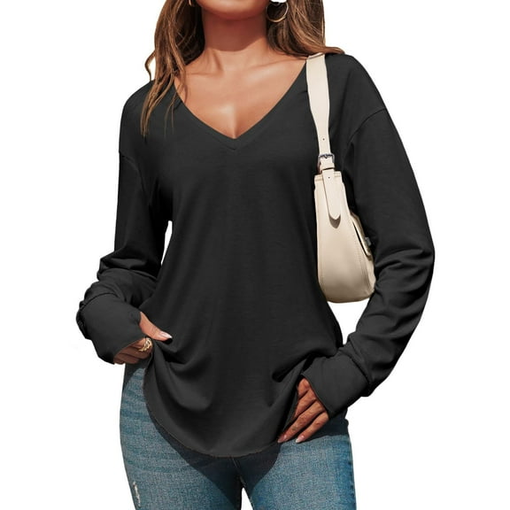 DPTALR Women's Fashion Solid Color V-Neck Long Sleeve Casual Blouse,Black,Size L