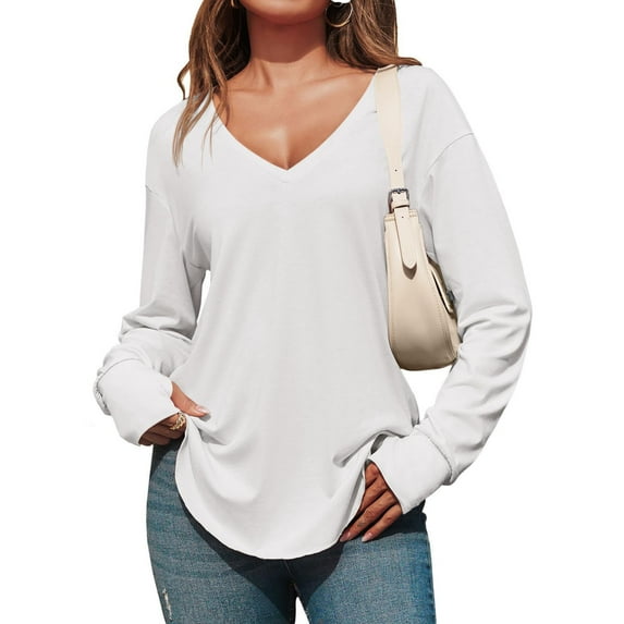 DPTALR Women's Fashion Solid Color V-Neck Long Sleeve Casual Blouse,White,Size M