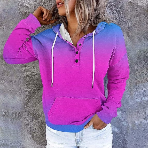 DPTALR Women's Fashionable Contrasting Button Hooded Drawstring Pullover Sweatshirt with Pocket,Hot Pink,Size L