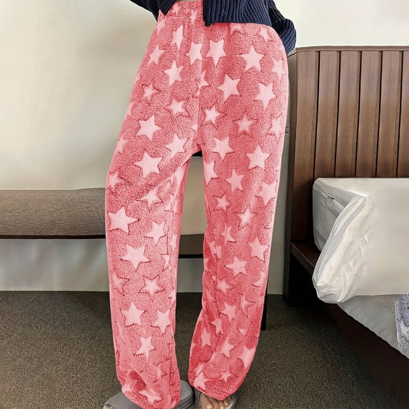 DPTALR Women's Fashionable Star-Pattern Elastic Waist Wide-Leg Straight Pants,Watermelon Red,Size XL
