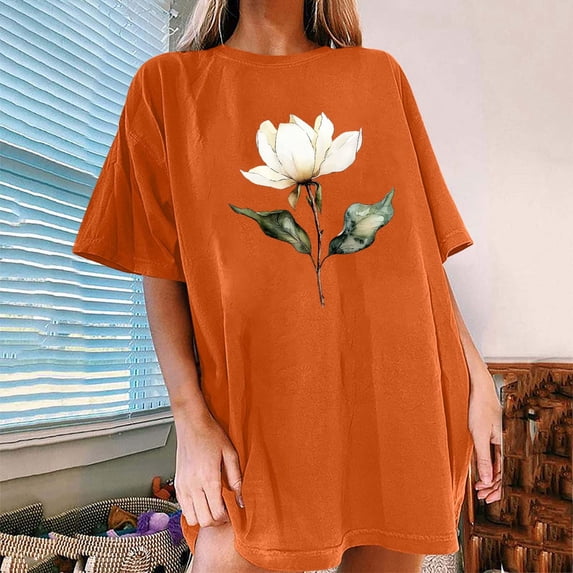 DPTALR Women's Floral Print Round Neck Drop Shoulder Short Sleeve T-Shirt Top,Orange,Size XL