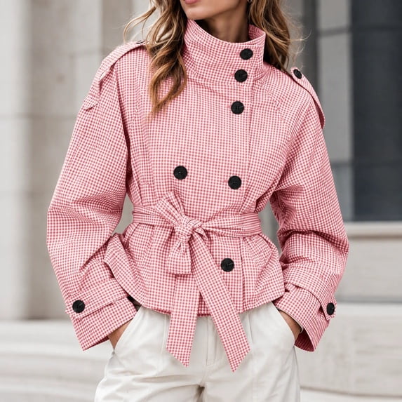 DPTALR Women's Gingham Stand Collar Double Breasted Belted Short Jacket Coat with Pockets,Size S-2XL