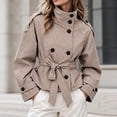 thumbnail image 1 of DPTALR Women's Gingham Stand Collar Double Breasted Belted Short Jacket Coat with Pockets,Size S-2XL, 1 of 9