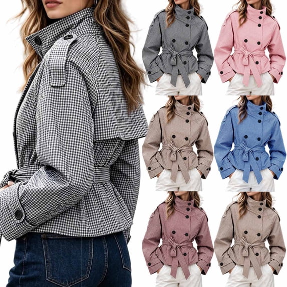 DPTALR Women's Gingham Stand Collar Double Breasted Belted Short Jacket Coat with Pockets,Size S-2XL