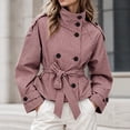 thumbnail image 1 of DPTALR Women's Gingham Stand Collar Double Breasted Belted Short Jacket Coat with Pockets,Size S-2XL, 1 of 9