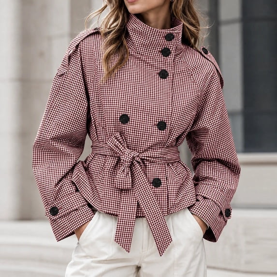 DPTALR Women's Gingham Stand Collar Double Breasted Belted Short Jacket Coat with Pockets,Size S-2XL