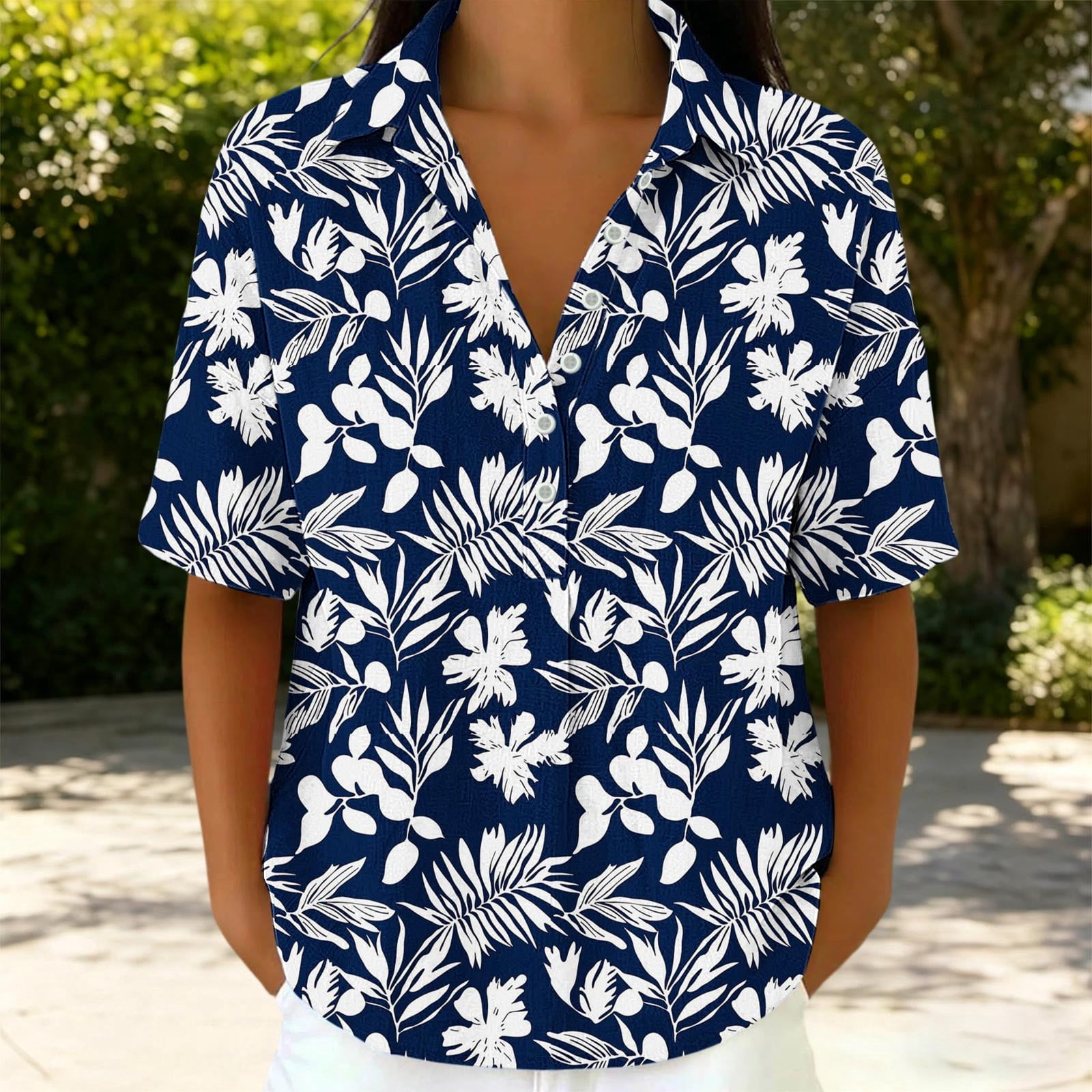 DPTALR Women's Hawaiian Print Short Sleeve Button Down Shirt,Casual ...
