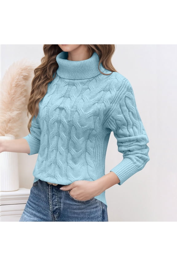 Women's High Neck,Fashionable Long Sleeve Knitted Sweater,Sky Blue,Size M