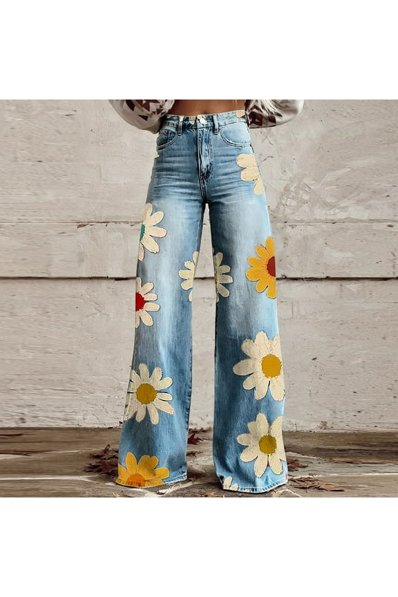 Women's High Rise Vintage Floral Straight Leg Summer Denim Pants,Beige,Size L
