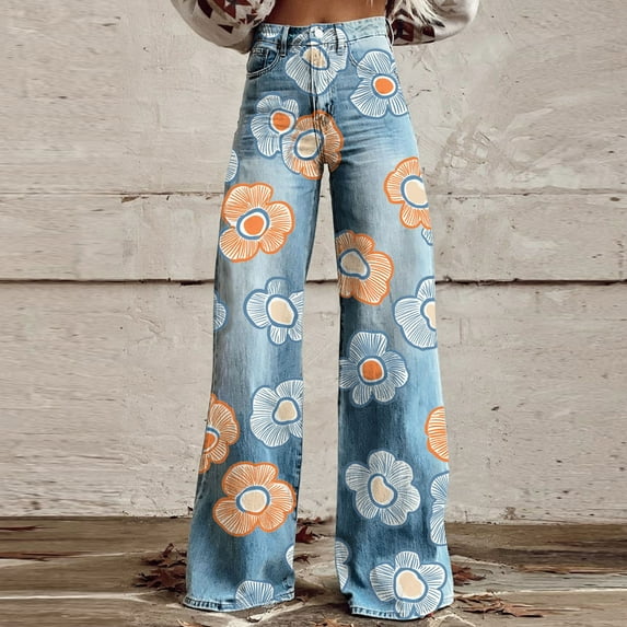 DPTALR Women's High Rise Vintage Floral Straight Leg Summer Denim Pants,Orange,Size XXXXL