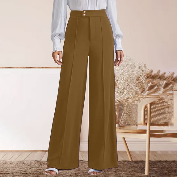 DPTALR Women's High Waist Double Button Wide Leg Pants,Khaki,Women's Plus Size XXL