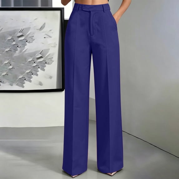 DPTALR Women's High Waist Straight Leg Pants, Casual Wide Leg Workwear Trousers with Pockets,Blue,Women's Plus Size MYoung Women's Pants