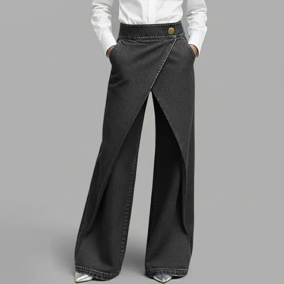 DPTALR Women's High Waist Wrap Front Wide Leg Jeans,Black,Women's Plus Size L