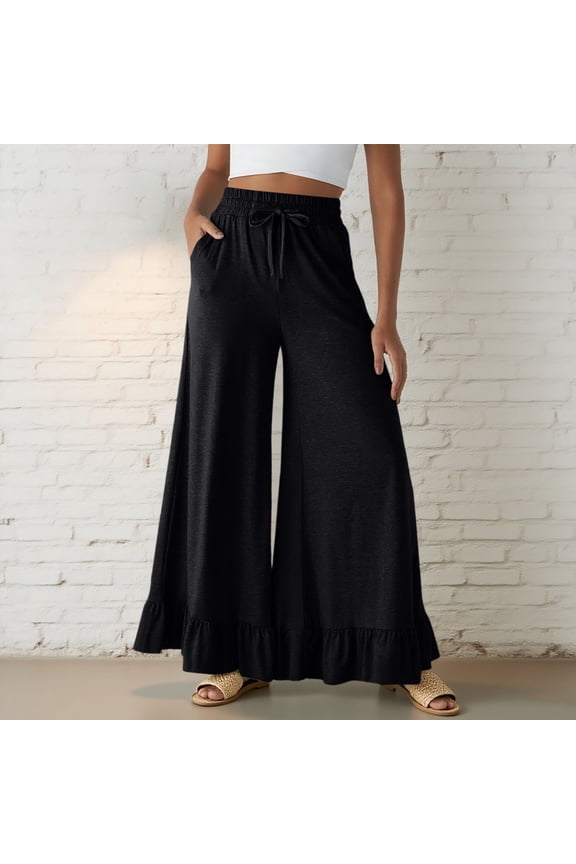 Women's High Waisted Elastic Drawstring Wide Leg Palazzo Pants with Ruffle Hem and Pockets,Black,Size XL