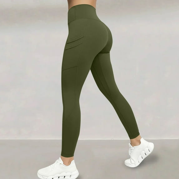 DPTALR Women's High-Waisted Solid Color Stretch Yoga Pants Long Length,Pockets,Butt-Lifting for Fitness,Army Green,Size S
