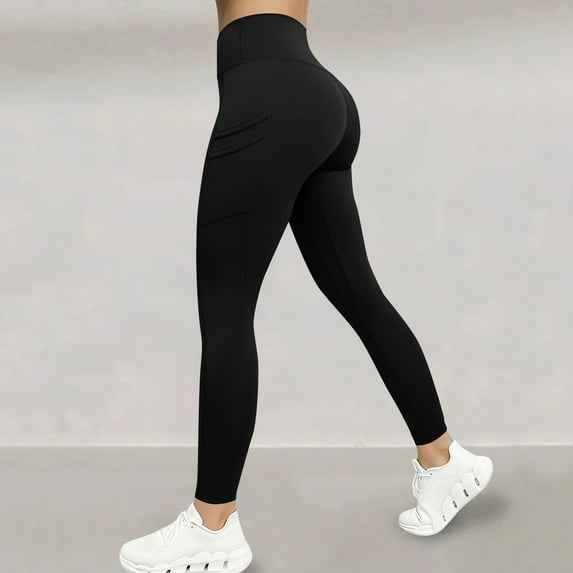 DPTALR Women's High-Waisted Solid Color Stretch Yoga Pants Long Length,Pockets,Butt-Lifting for Fitness,Black,Size XL