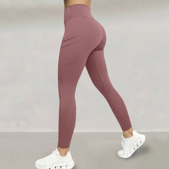 DPTALR Women's High-Waisted Solid Color Stretch Yoga Pants Long Length,Pockets,Butt-Lifting for Fitness,Pink,Size S